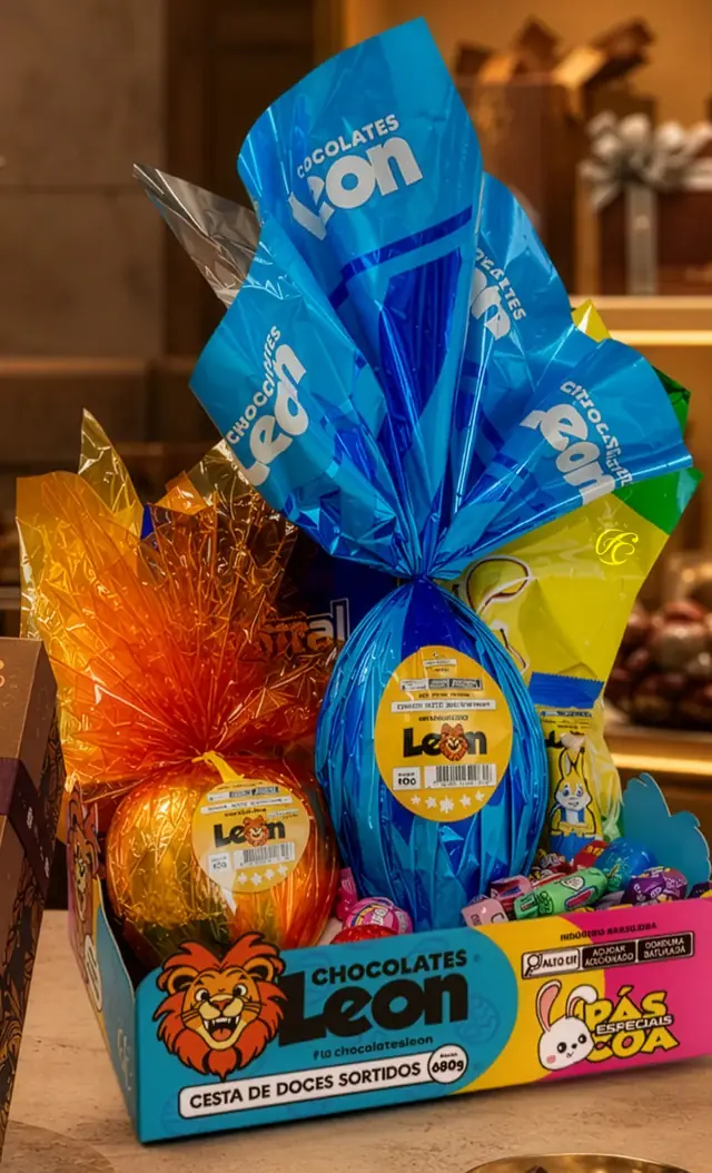 Cesta de doces e ovos de Páscoa Leon